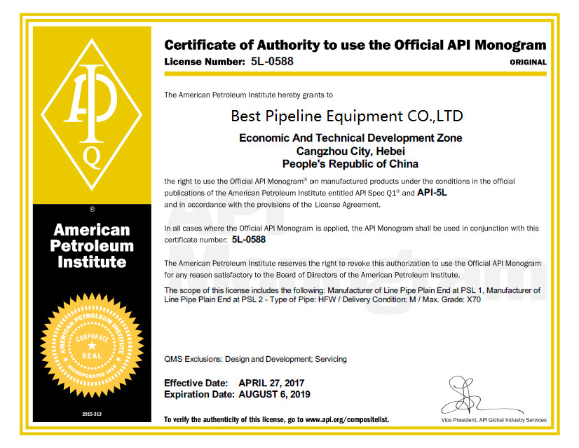 BEST PIPELINE EQUIPMENT CO.,LTD Certifications
