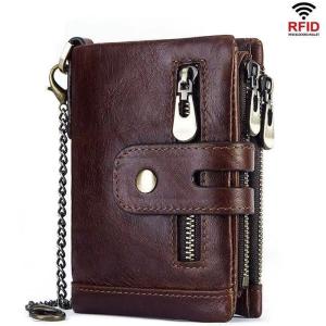 Wholesale Wallet Men's RFID Anti-theft Brush Vertical Top Layer Oil Wax Leather Multifunctional Double Zipper Leather Wallet from china suppliers