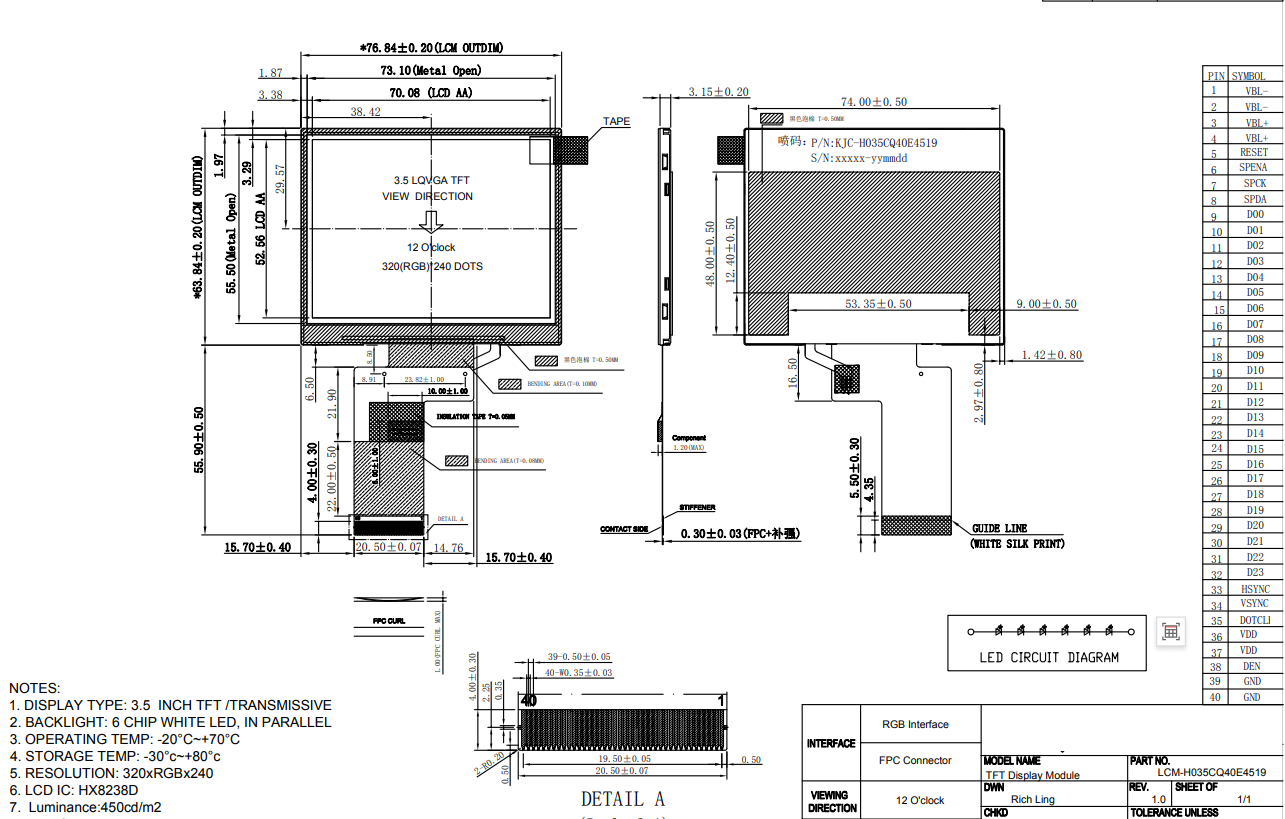3.5 Inch Resistive Touch Panel 320x240 TFT Transmissive HX8238D
