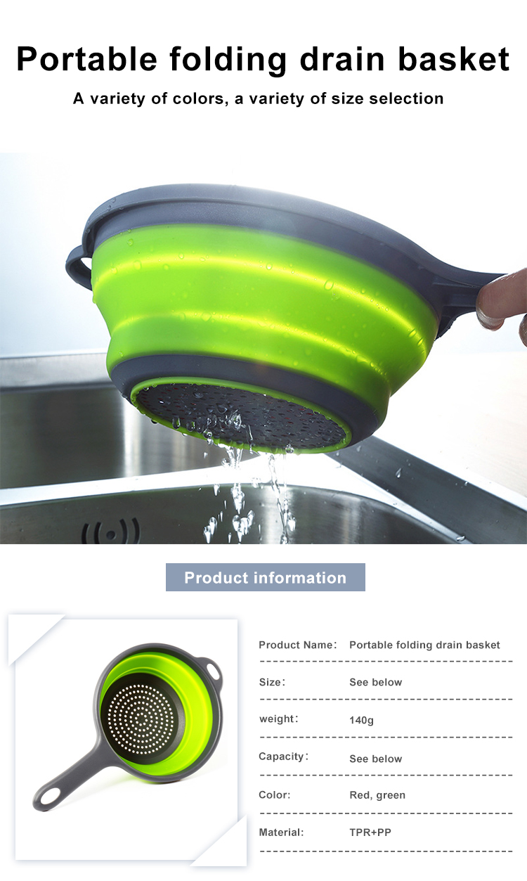 1400ML high quality Kitchen Foldable TPR Strainers Collapsible Colanders with Handles
