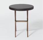 Antique brushed bronze metal base with upholstered leather top round hotel