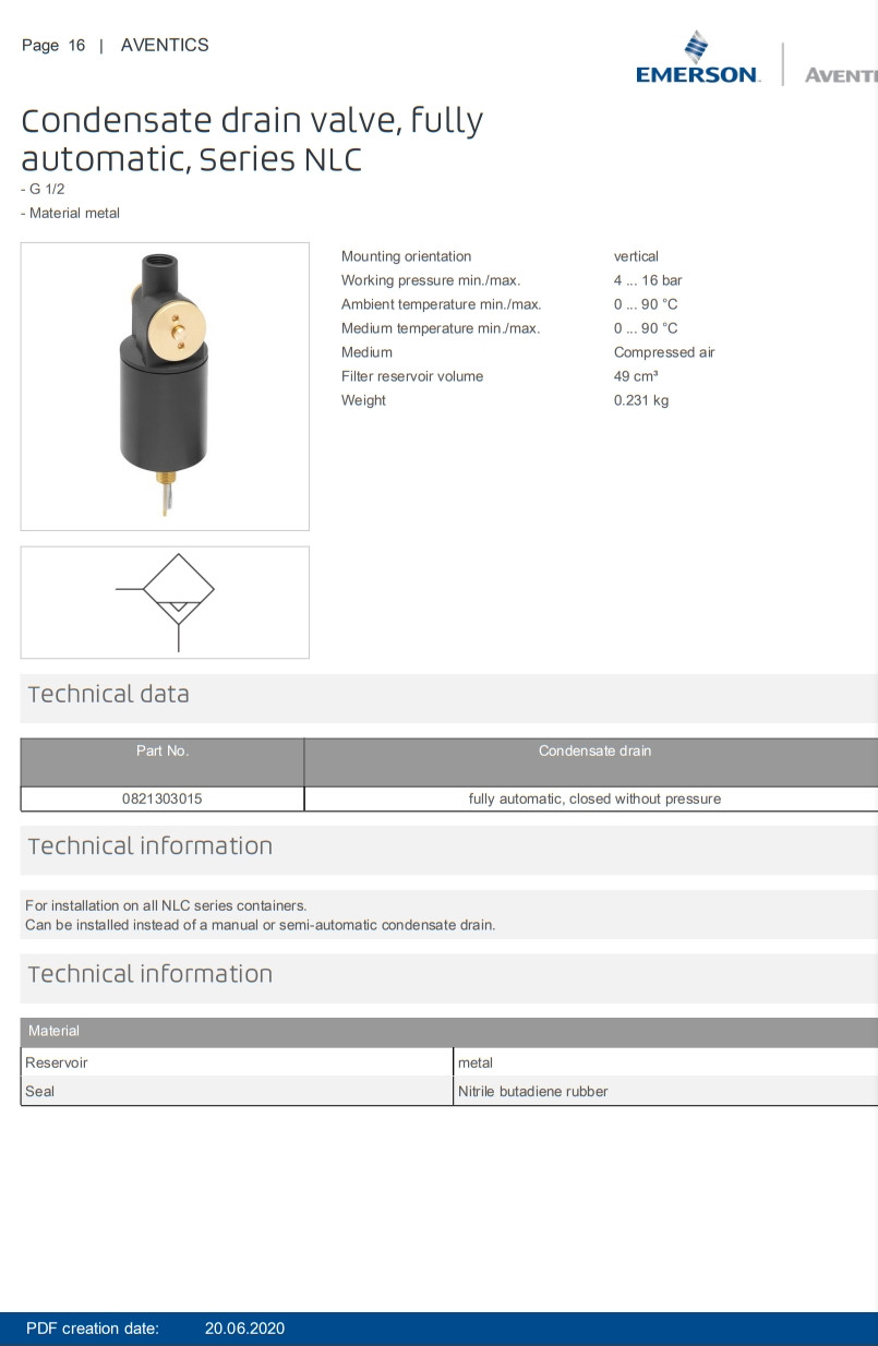 AVENTICS Metal Condensate Drain Valve Fully Automatic Series NLC – 0821303015