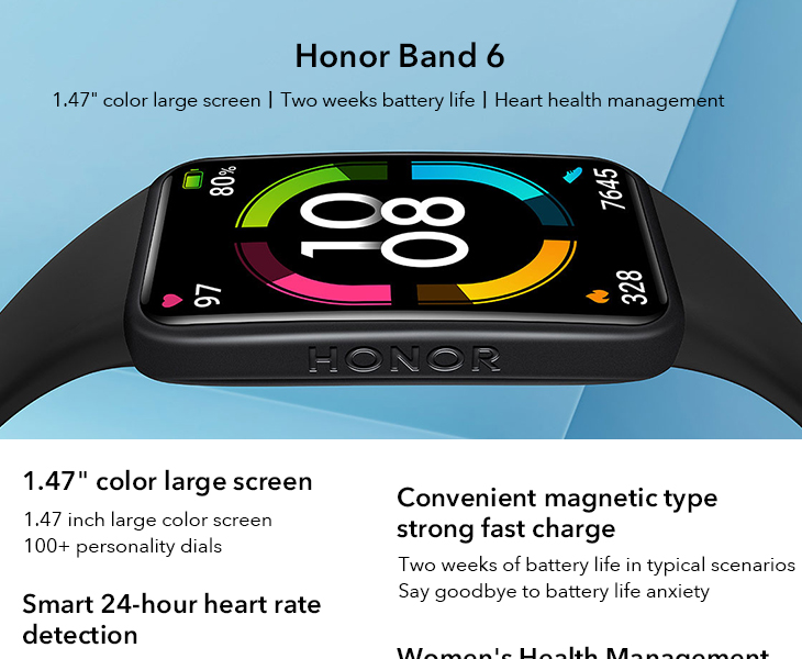Honor Band 6 Standard Edition 1.47 Inch Full Screen 14 Days Using Support 10 Sports Heart Rate Monitor Smart Wristband