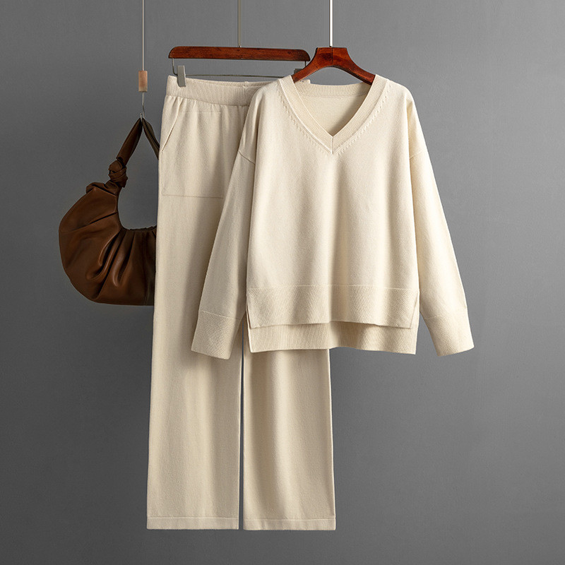 Women s Sweaters s Latest and Fashionable Product 2024 autumn/winter V-neck loose casual sweater pullover two-piece set