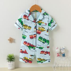 China Short Sleeve 95% Cotton Button Up Pajama Set Lapel Cars Pj Set For Middle Aged Kids on sale