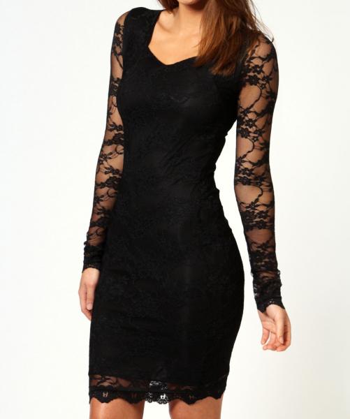 Quality Fashion Long Sleeves Lace Midi Evening Dresses , Black Evening Dresses for sale