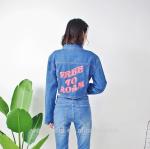 Distressed Stretch Printed Ladies Short Denim Jacket With Rhinestone Trimming