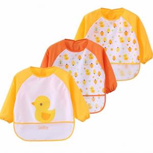 China Yellow Full Sleeve Bib / Baby Smock Bib And Burp Cloth Set With Pocket on sale