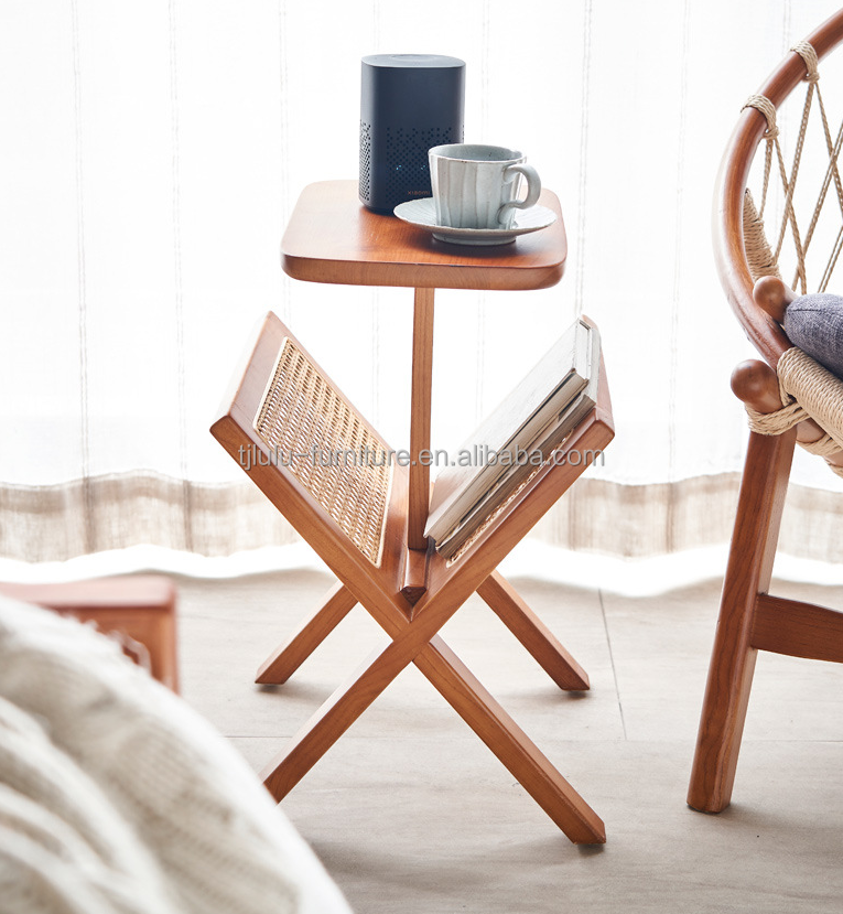 Solid Wood Square Side Table with Woven Rattan Book Shelf Lacquered and Durable Construction