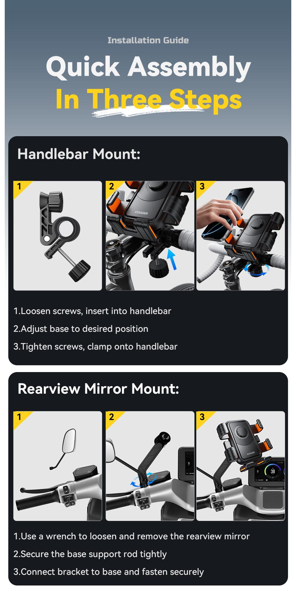 Essager ES-ZJ33 Universal 360 Adjustable Bicycle Bike Motorcycle Phone Holder With Handle and Rearview Mirror Style