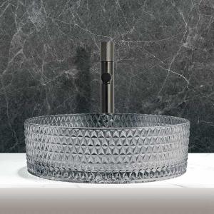 China Countertop Mounted Glass Wash Bowl Transparent Ligth Grey Color Bathroom Basin Sinks on sale