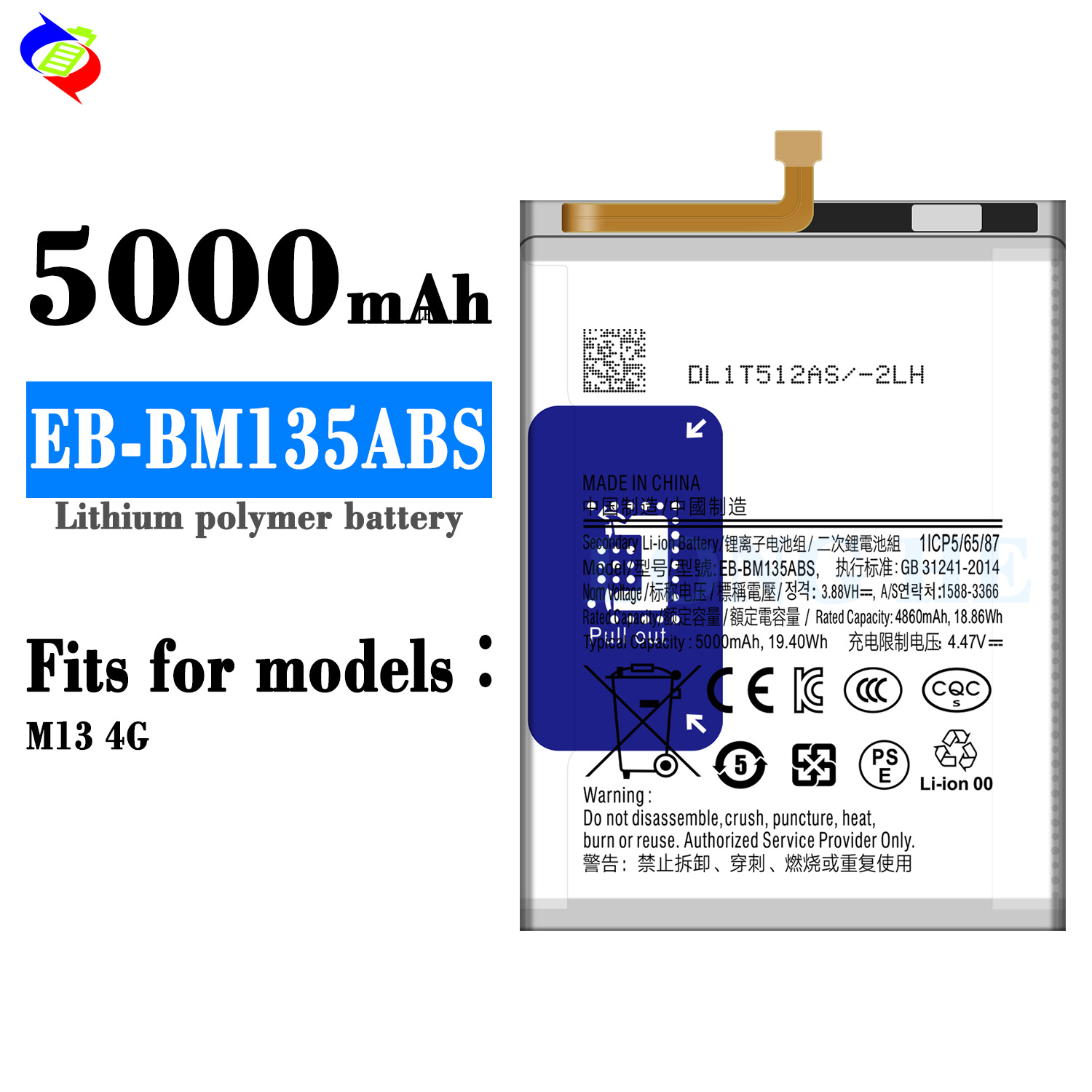 5000mAh Replacement Battery For Samsung M13 EB-BM135ABS Phone Batteries Silver Finish