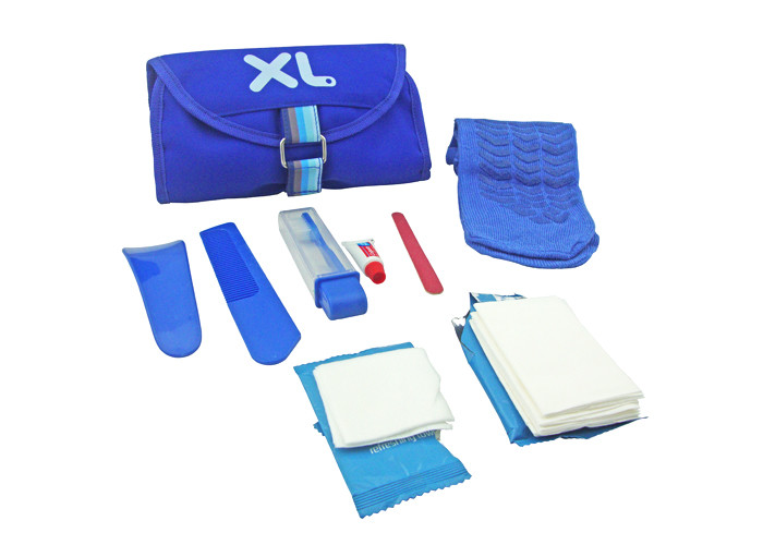 Custom Flight Airline Amenity Kits Blue Cosmetic Pouch With Multifunctional Divisions
