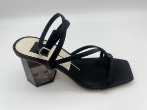 China Wide Fit Black Ladies Soft Leather Sandals Summer Square Toe Ankle Strap Heels on sale