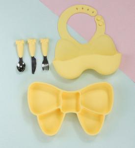 China Bow Knot Baby Feeding Suction Plate Cute Bib And Cartoon Spoon Fork Dish Sets on sale