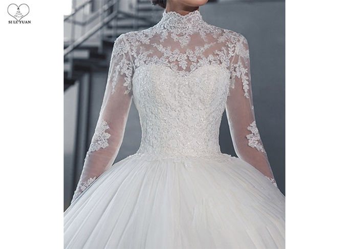 High Collar Long Sleeve Winter Wedding Dresses / Zipper Big Beaded Ball Gown