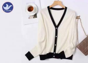 Wholesale V Neck Ladies 100% Wool Sweater Contrast Color Rib Knitting Winter Elegant Cardigan from china suppliers