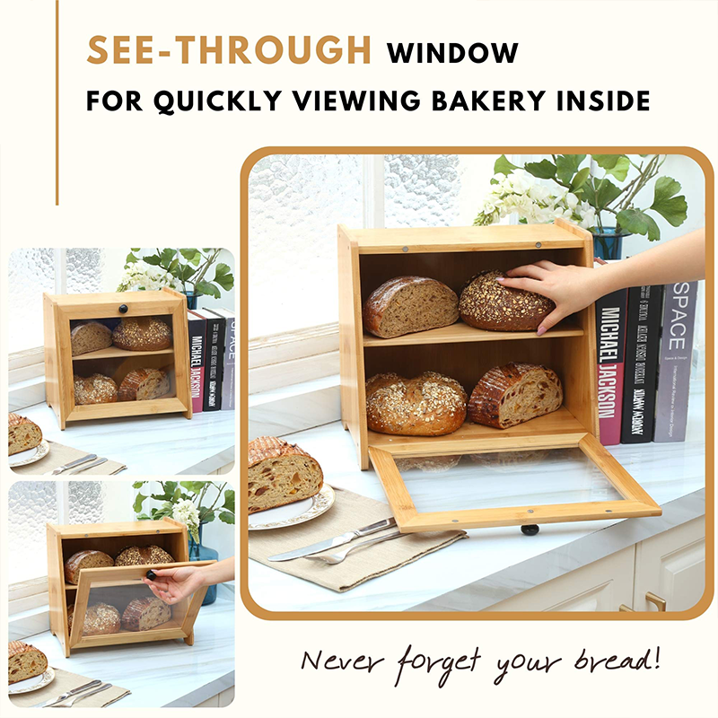 GLOSSY 2 Tier Large Transparent Window Food Storage Bamboo Bread Box Capacity 6-10L