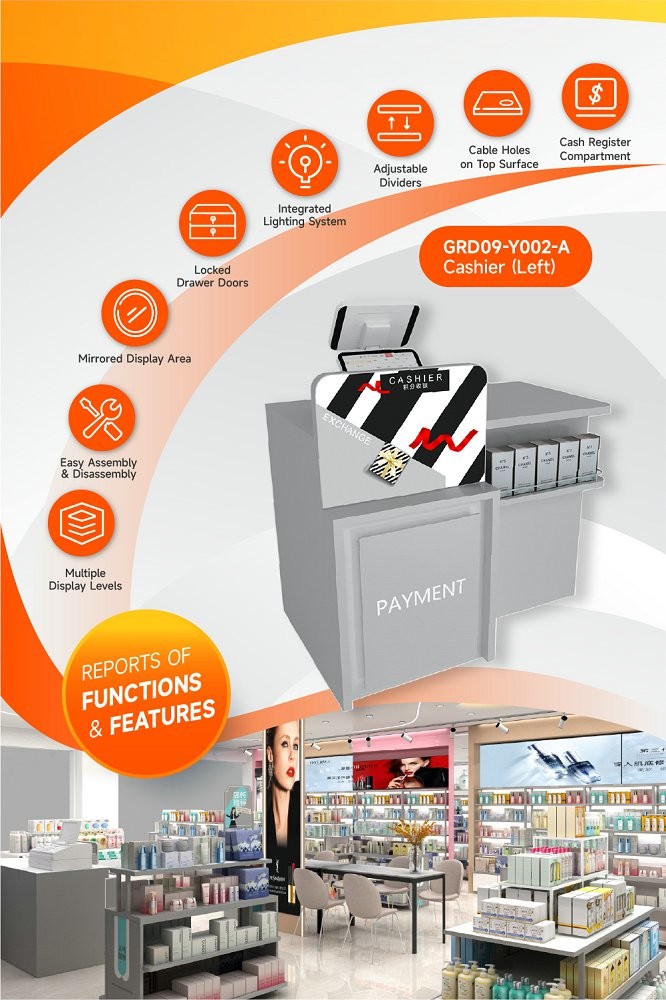 GDR09-Y002-A Retail Display Counter with 40mm Soft Film Light Box and 5mm Gray Glass for Cosmetics Counter