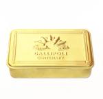 Promotional food storage tins gold color candy with hinged lid and embossed logo