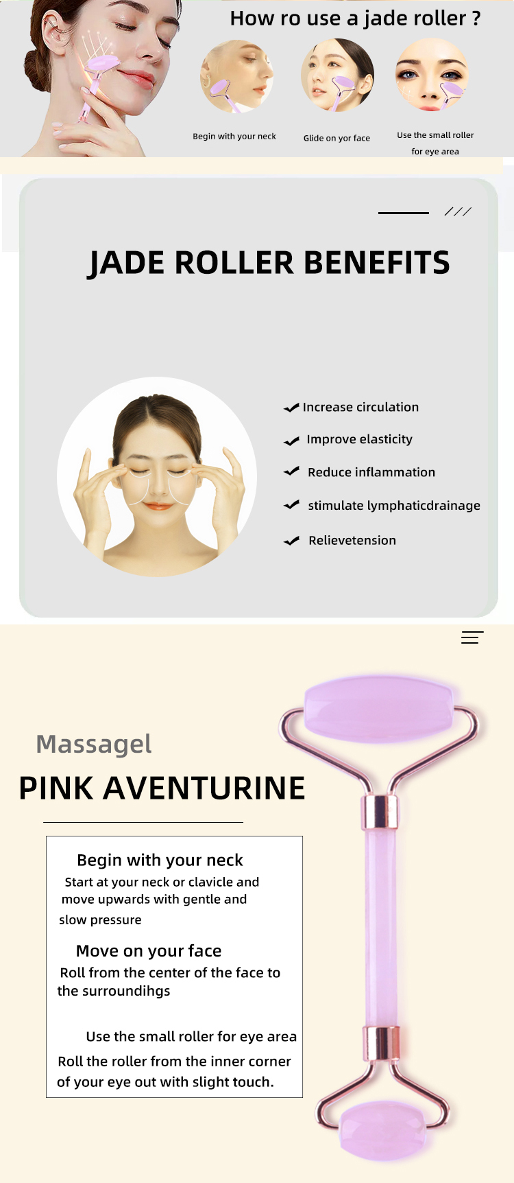 Fashionable Skincare Face Jade Roller pink Quartz Stone Face Roller