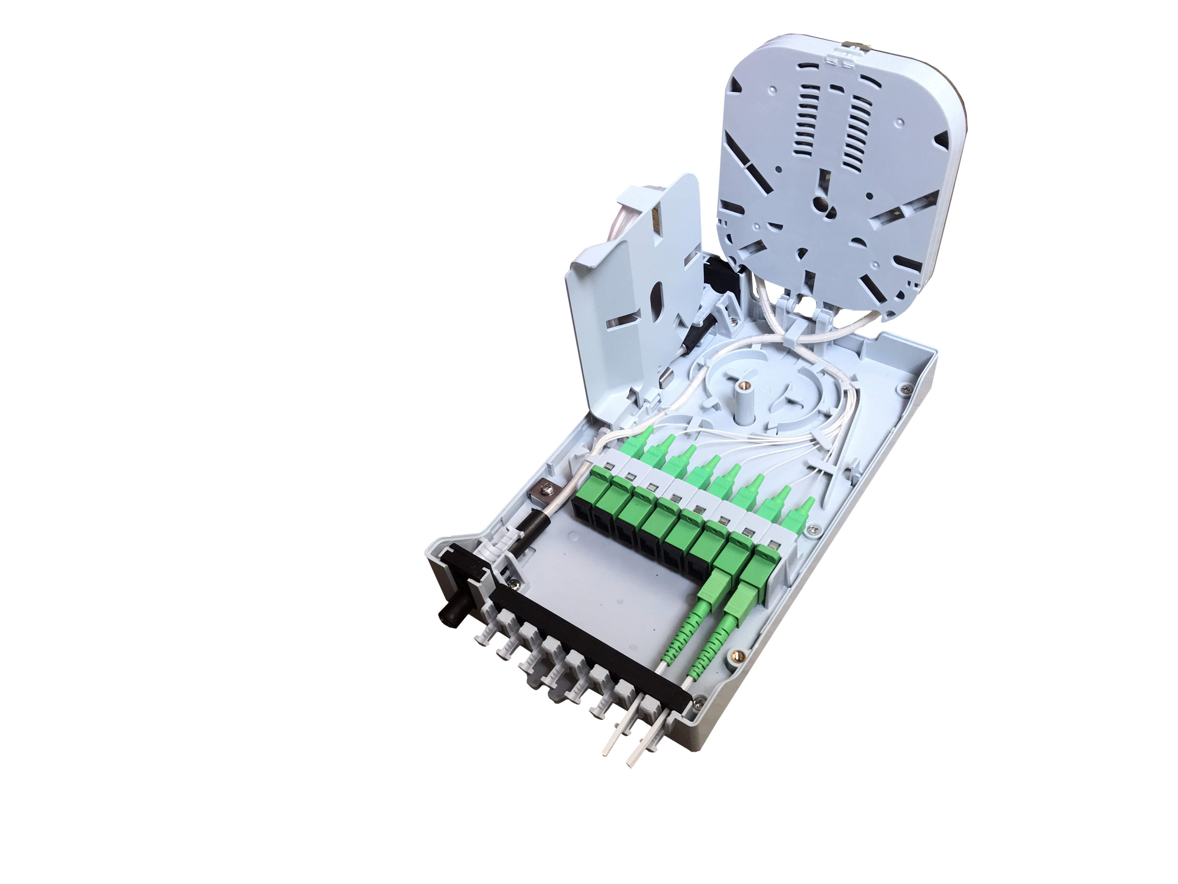 GFS-8ZT-2,fiber distribution box,splitter box,Max Capacity 8 cores,,size 235*126*52mm, Material: PC+ABS,IP 65