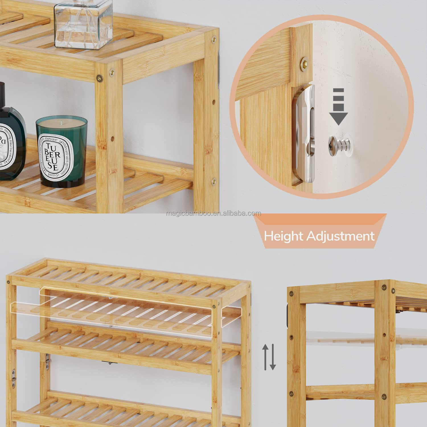 OEM Bamboo Bathroom Wall Shelf Over Toilet Storage With Hooks