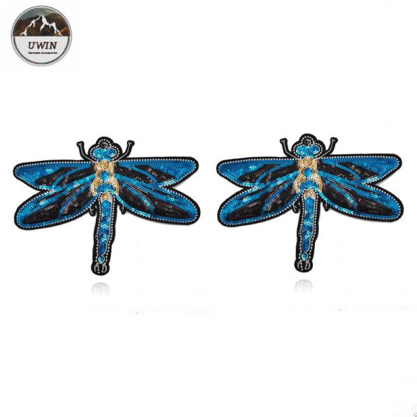 3D Fashionable Embroidered Bird Patches , Handmade Blue Dragonfly Iron On