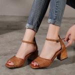 S352 Genuine Leather Breathable Open Toe High Heels Retro Woven Pattern Fashion