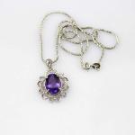 Silver Chain Necklace 10mm x14mm Oval Amethyst Cubic Zircon Pendant (PSJ0173 )