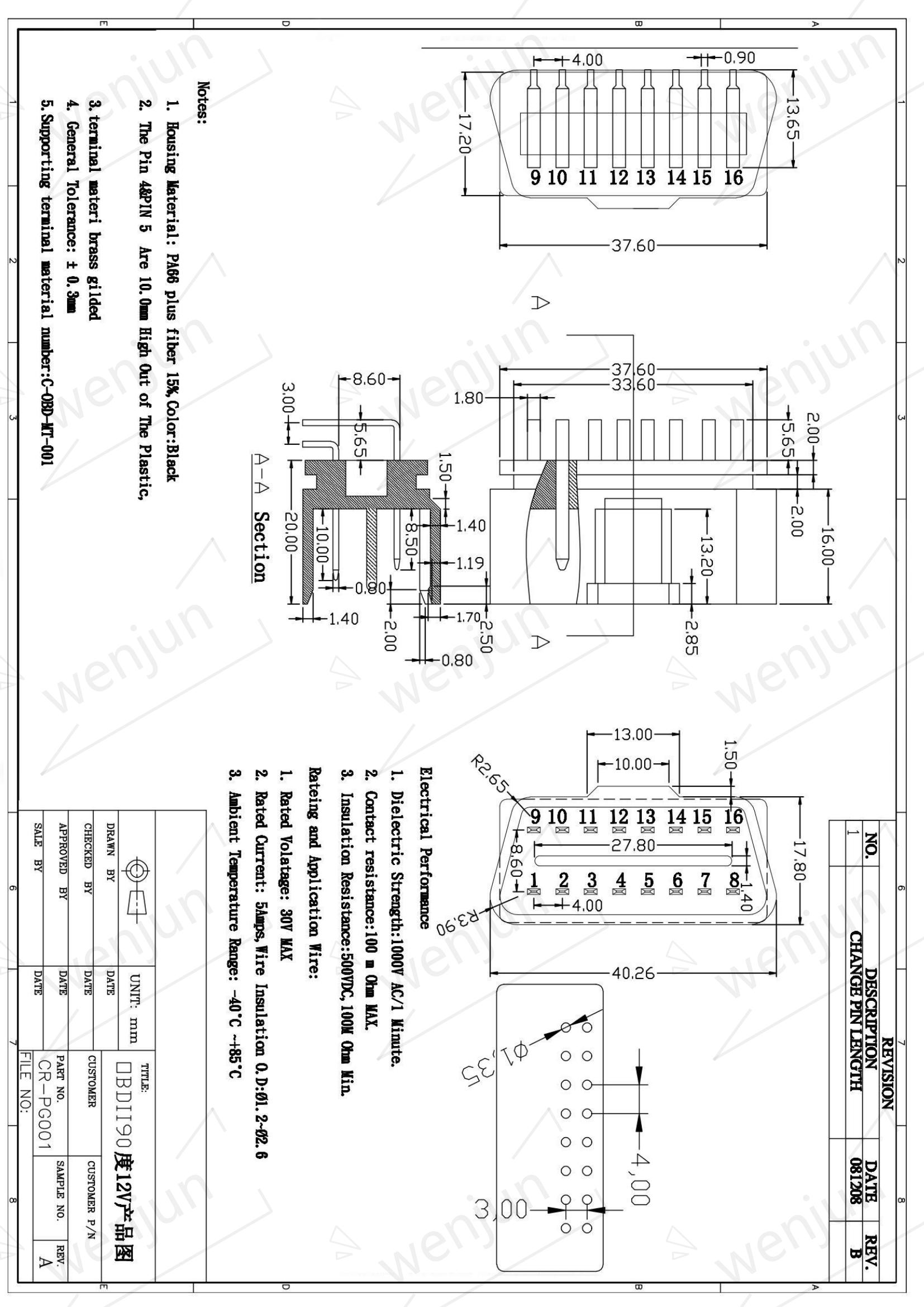 12V J1962 OBD2 OBD Car Connector With 90 Degree Right Angle Pins