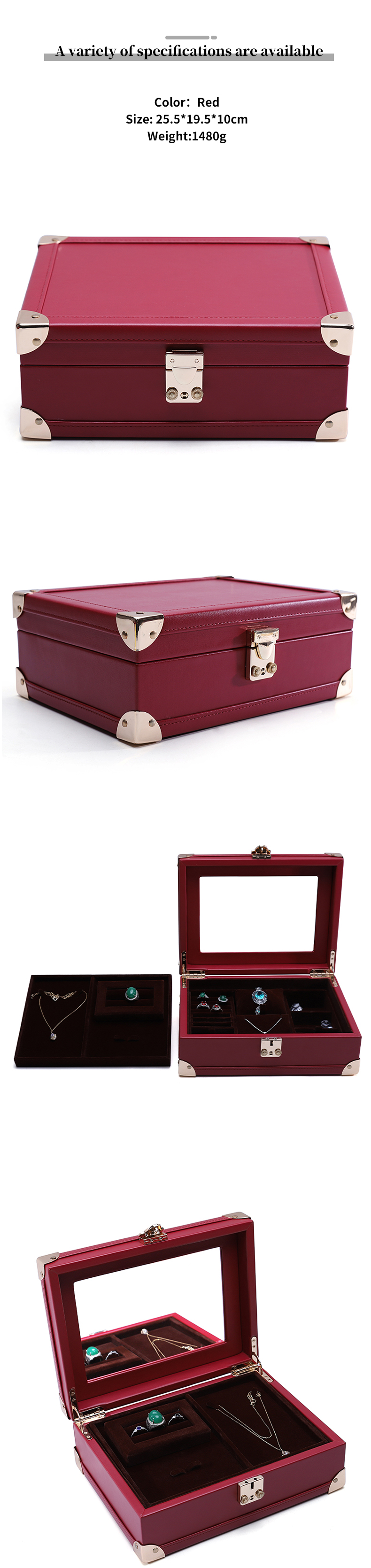 Luxurious Corner Protection PU Leather Jewelry Storage Organizer Case with Mirror