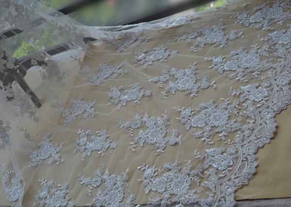 Floral Beaded Corded Lace Fabric , Ivory Embroidered Lace Fabric With Wavy
