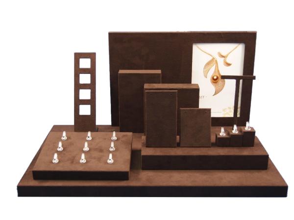 Custom Handmade Brown Leatherette Jewelry Display Set MDF Jewellery Showcase
