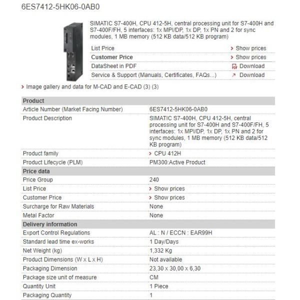 6ES7412-5HK06-0AB0 6ES7 412-5HK06-0AB0 Siemens Cenrtral Processing Unit