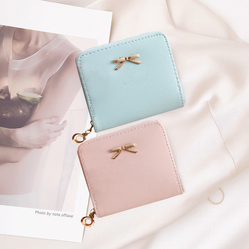 Custom Bowknot Letter Logo Short Purses Small Zipper Coin Bag For Women