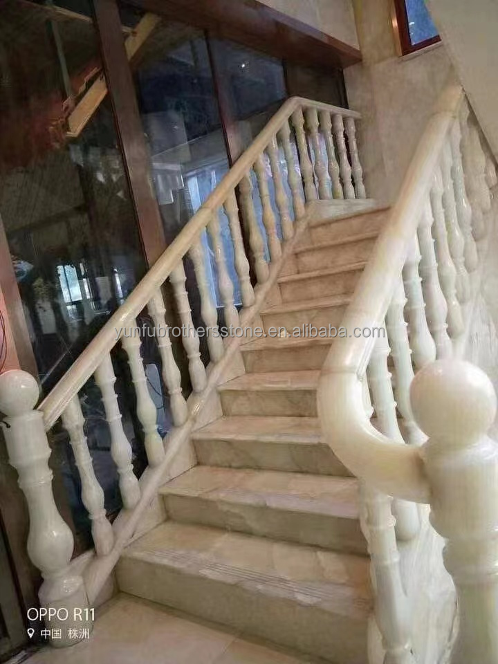 White and Green Onyx Marble Handrail for Staircase Modern Polished Balustrades Column