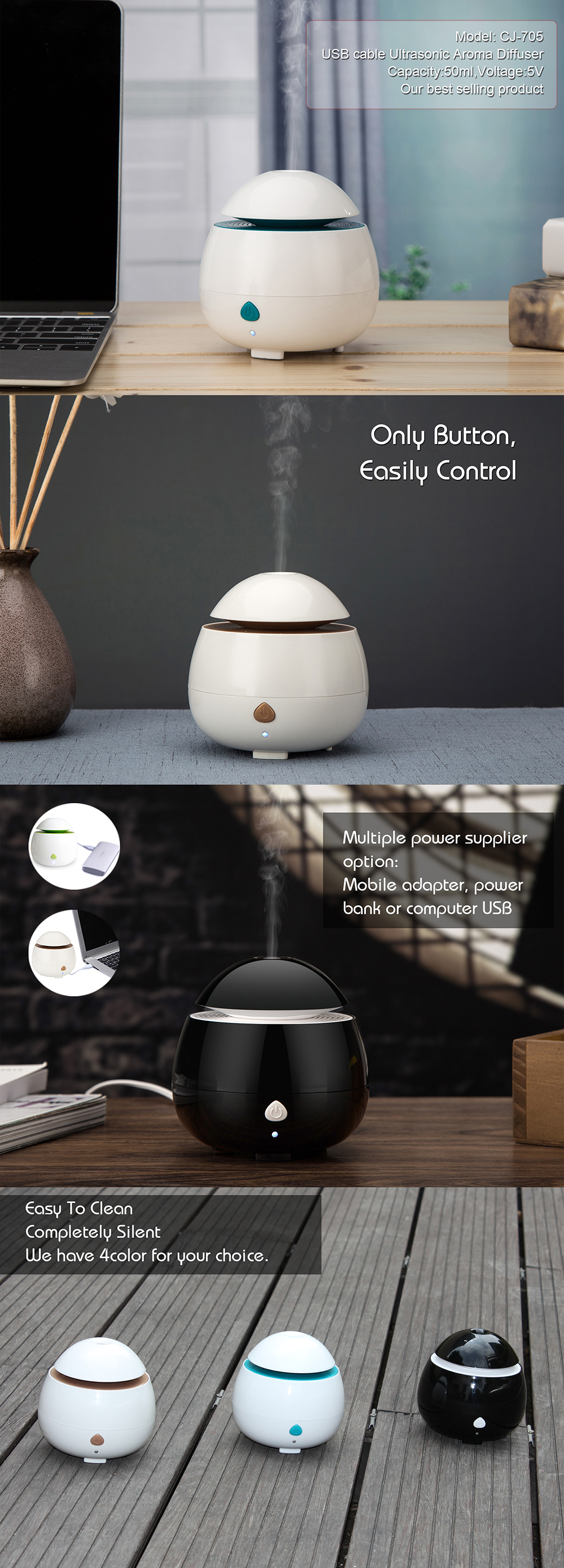 Tabletop 50ml Essential Oil Aroma Diffuser Ultrasonic for Household