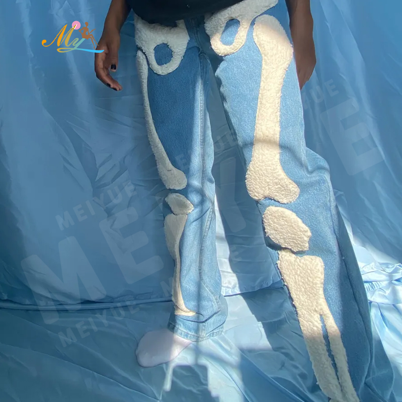 OEM New Designed Custom Bone Chenille Embroidery Men Jeans Pants Casual Blue Sweatpants Pantalones De Hombre Jeans