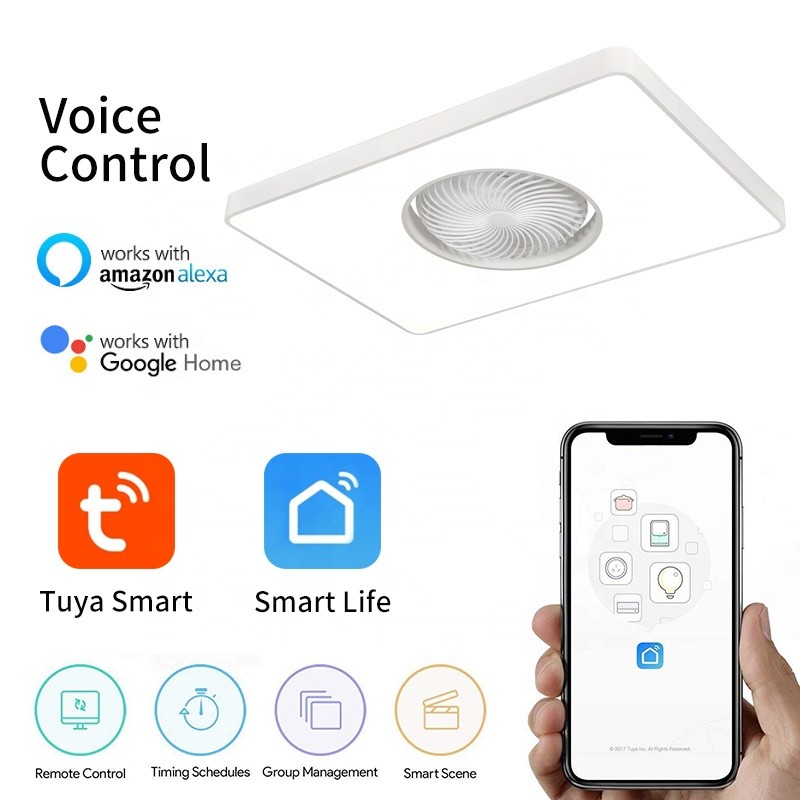 90cm Rectangle Modern LED Ceiling Fan Remote Control Bladeless Flush Mount for Living Room Bedroom Children's Invisible