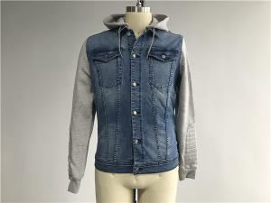 Wholesale Light Wash Mens Denim Jacket And Jean With Brushed Fleece Sleeves / Detachable Hood from china suppliers