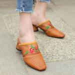 HZM006 Sandals Women'S Leather Embroidered Slippers Ethnic Lazy Shoes Hollow