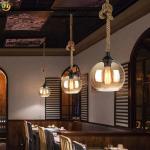 85V Round Glass Pendant Light Classic Brass Industrial Hemp Rope Retro Vintage
