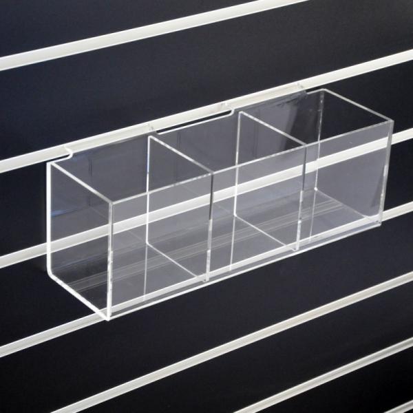 Quality Wall Mounted Clear Slatwall Acrylic Display W/ 3 Boxes Perspex Bins for sale