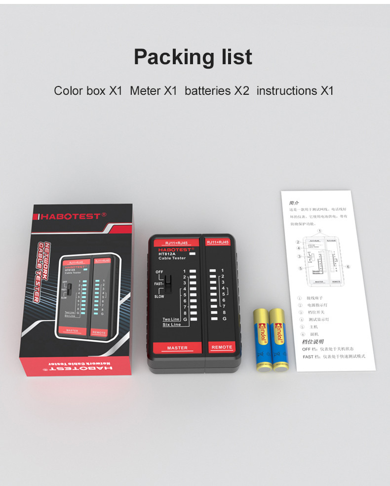 HABOTEST HT812 Network Cable Tester RJ11 RJ45 Dual-use Tester LED Status Display NC/HDMI Repair