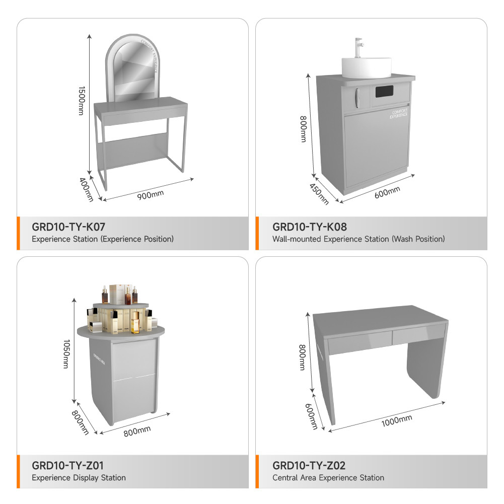 Retail Display Shelf Grey Wooden Experience Table For Trendy Shop Display And Compact Store Stand