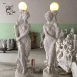 Marble Woman Statues Sculpture Floor Lamp Life Size White Stone Carving Garden