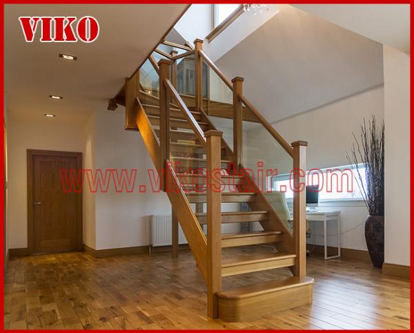 Solid Wood Staircase VK89S Beech Handrail Tread Beech ,Railing tempered glass,