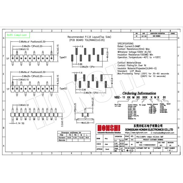 3.96mm Gold Plated PCB Pin Header Connector Single Row SMT Type 2 - 20 Pin H3.2mm