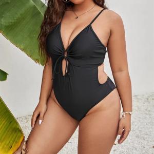 China Hollow Plus Size One Piece Swim Suits Black V Neck One Piece Bikini Curvy Swim Wear on sale